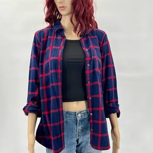 J Crew Womens Plaid Flannel Button Down Medium Blue Red Cotton Long Sleeve